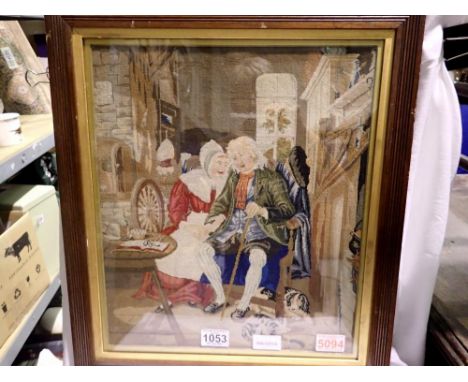 Victorian tapestry of an elderly couple, 34 x 40 cm. P&amp;P Group 1 (£14+VAT for the first lot and £1+VAT for subsequent lot