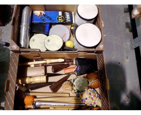 Collection of percussion items to include Remo tomtom and Rock beat battery drum stick and other items. Not available for in-