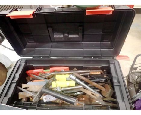 Black and red plastic tool box containing mixed tools. Not available for in-house P&amp;P 