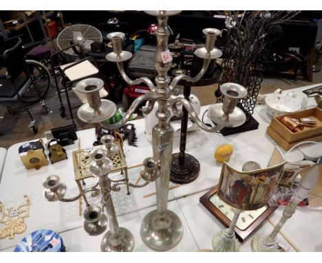 Large  104cm tall silver coloured 5 sconce candlestick and a smaller example. 60cm. Not available for in-house P&amp;P 