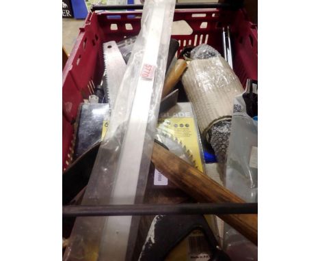 Box of mixed tools including saws. Not available for in-house P&amp;P 
