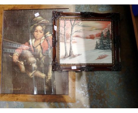 Framed print of street urchin with a dog and a framed modern oil landscape painting by Barry Leighton Jones. Not available fo