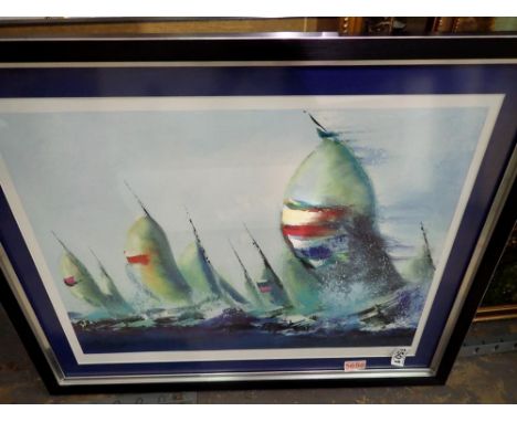 Signed sailing print, 55 x 42 cm. Not available for in-house P&amp;P 