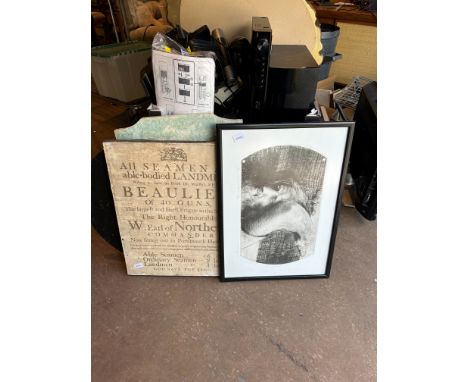 Print of Jesus carrying a cross and a Seaman poster. Not available for in-house P&amp;P. 