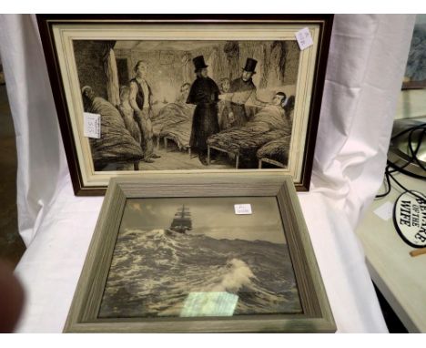 George Cruikshank Victorian print and an early photograph of a masted ship at sea, signed in pencil EC Lackland and dated 192