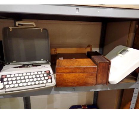 Mixed items to include scales, two wooden boxes, pine book holder, two sewing boxes and a typewriter. Not available for in-ho