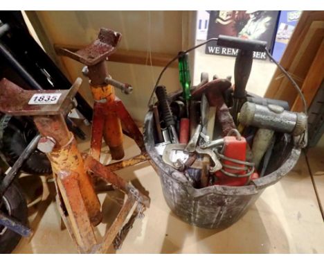 Quantity of mixed tools and two axle stands. Not available for in-house P&amp;P 