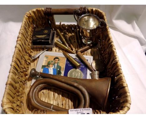 Mixed collectables, including a copper bugle, silver plated items, WWI bullet casings, coins etc. P&amp;P Group 1 (£14+VAT fo