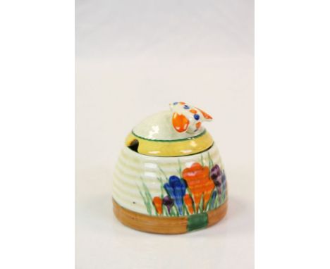 Clarice Cliff ceramic Honey Jar from the "Bizarre" range in "Crocus" pattern, with Bee to lid, stands approx 7.5cm in total