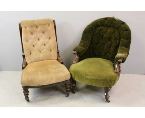 Late Victorian Button Back Nursing Chair raised on Turned Front Legs and Castors and Victorian Green Upholstered Button Back 