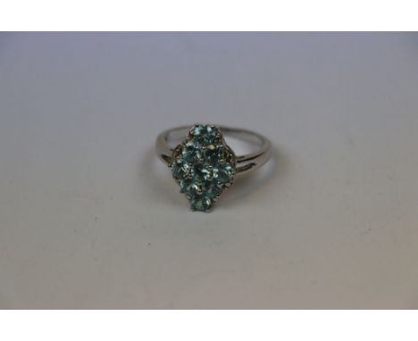 Blue topaz stylised silver dress ring, claw settings, v shaped shoulders, ring size R½