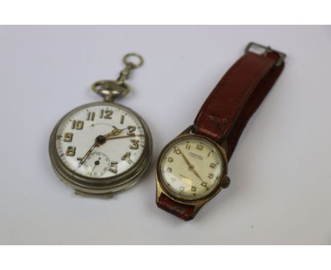 Vintage German top wind Nickel cased Alarm Pocket watch with Enamel dial, approx 47mm diameter plus a Gents Ingersoll 7 Jewel