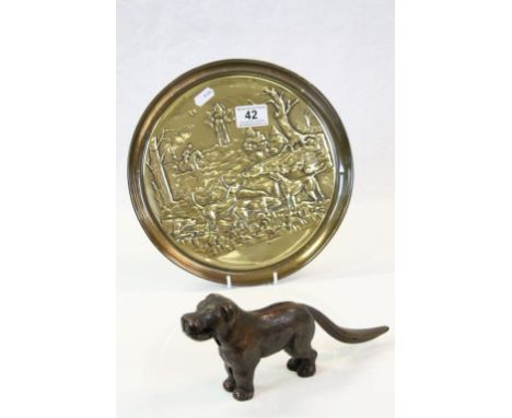 Small circular Brass tray with Hunt scene, approx 27cm diameter &amp; a metal Nutcracker in the form of a Dog with patent 275