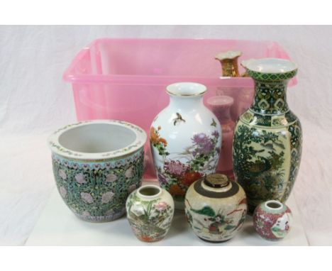 Box of mixed Oriental ceramic vases etc to include a Cloisonne example