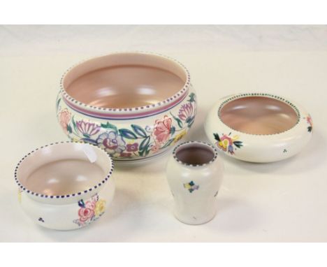 Small Carter Stabler Adams Poole pottery Vase approx 8.5cm tall and three Poole pottery bowls, numbers 217, 221 &amp; 565