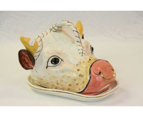 Sue White Limited edition ceramic hand painted Cow head Cheese dish, approx 23 x 23 x 17cm at the widest points and numbered 