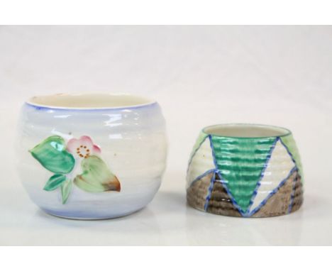 Two vintage Clarice Cliff ceramic preserve jars, one in "Bizarre" range with Geometric pattern approx 6cm diameter, Newport P