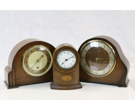 Edwardian Mahogany Inlaid Mantle Clock (a/f) together with Two 1930's / 40's Oak Domed Cased Clocks