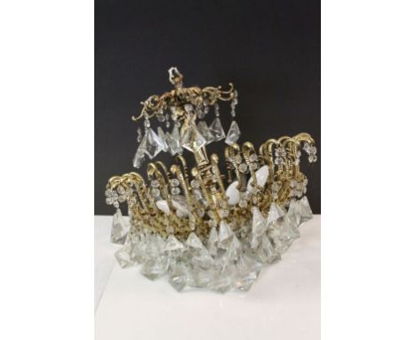 Large Brass Electric Chandelier with Crystal drops