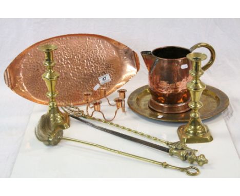 Small collection of Brass &amp; Copper items to include; trays, Fire tools, Jug etc