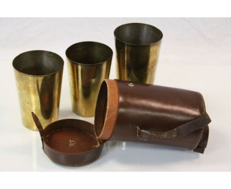 Set of Three Large Gilt Silver Plated Stacking Stirrup Cups contained in a Leather Case 