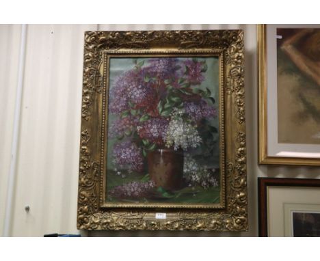 Early 20th Century oil on canvas still life study of Flowering Bloom in a Ceramic Vase, gilt framed