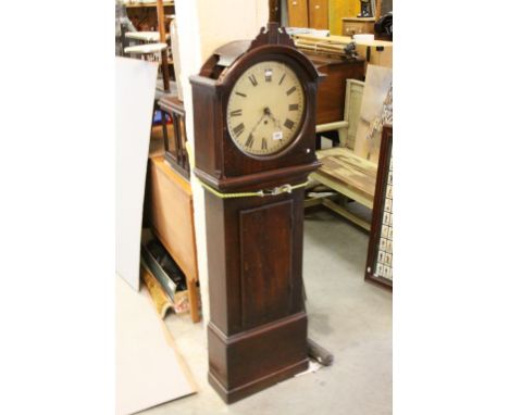 19th century Mahogany Butler's Clock (or Longcase Clock which has been reduced in size) with Arched Hood and White Enamel Fac