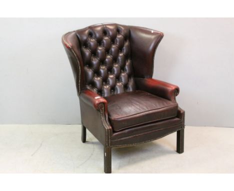 Oxblood Red Leather Wing and Button Back Armchair with Brass Studs