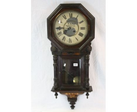 Victorian Drop Dial Wall Clock with Octagonal Hood and face marked ' Kay Worcester ', the case inlaid with acorns and foliage