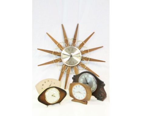 Five vintage Clocks to include mantle type and a Star Burst Wall Clock marked "Standard" to the metallic dial