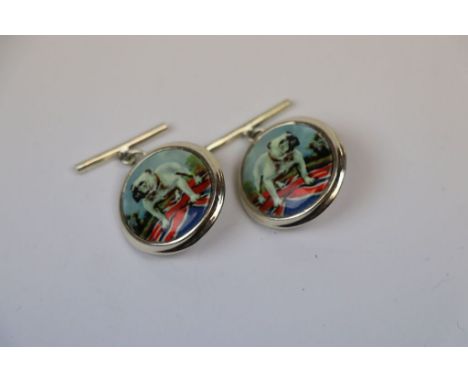 Pair of silver and enamel set cufflinks depicting bulldogs 