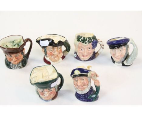 Six small Royal Doulton ceramic character Jugs to include; Old Charley, Old Salt, Mine Host, Toby Philpotts, Capt. Ahab, Bacc