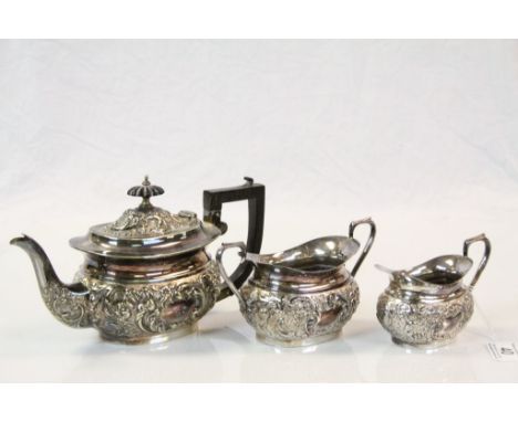 Victorian Electroplated Three Piece Tea Service with scrolling leaves repousee bodies, William E Turner