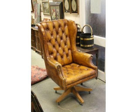 Button Back Tan Leather Wingback Office Swivel Chair