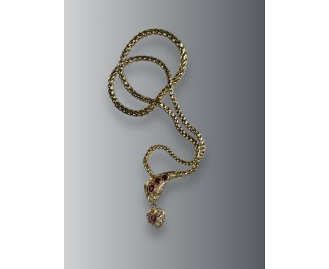 An Antique Two coloured Gold, Ruby and Diamond Snake Necklace, circa 1860,the head formed of three oval millgrain set rubies 