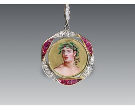A Pretty Antique Enamel, 18 ct Gold, Ruby and Diamond Pendant,circa1890 the enamel portrait of a Roman within a calibre cut r