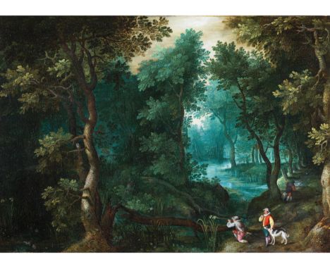 Jan Brueghel d. Ä., 1568 Brüssel – 1625 Antwerpen SUMPFIGE WALDLANDSCHAFT MIT JÄGERNÖl auf Holz.30,5 x 43 cm.Gerahmt.Beigegeb