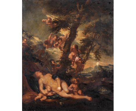 Charles-Philippe Spieringh, 1600 Brüssel – 1639 RomVENUS RUHEND VON PUTTEN UMRINGTÖl auf Leinwand. Doubliert.139 x 116 cm.In 