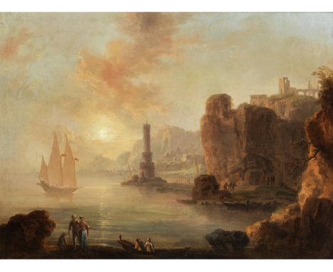Francesco Fidanza, 1747 Rom – 1819 Mailand, zug.HAFENLANDSCHAFT BEI SONNENUNTERGANGÖl auf Leinwand. Doubliert.75 x 100 cm.In 