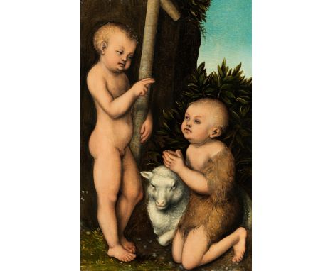 Lucas Cranach d. Ä., 1472 Kronach – 1553 WeimarDER JUNGE CHRISTUS ANGEBETET VON JOHANNES DEM TÄUFERÖl auf Holz.35,2 x 23,2 cm