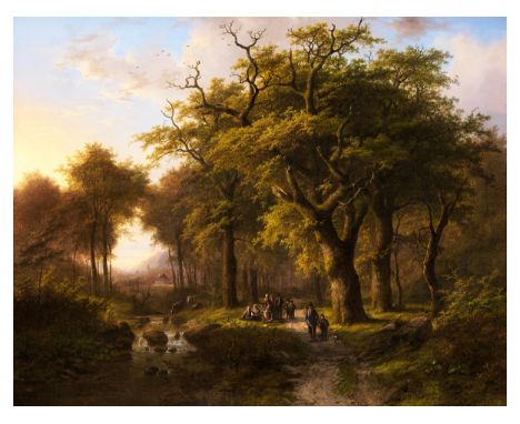 Johann Bernard Klombeck, 1815 bei Kleve – 1893 ebendaWALDLANDSCHAFT MIT FIGUREN IM WARMEN LICHT DER UNTERGEHENDEN SONNEÖl auf