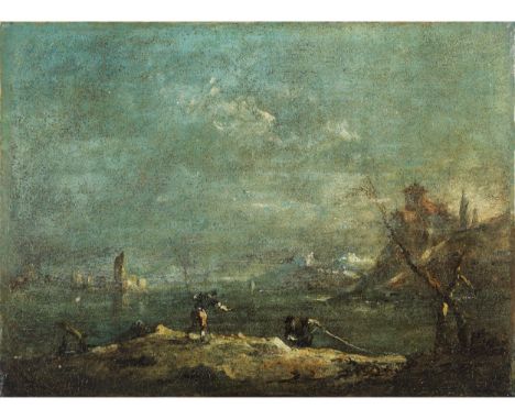 Francesco Guardi, 1712 Venedig – 1793 ebendaVENEZIANISCHE LAGUNENLANDSCHAFTÖl auf Leinwand.17 x 23 cm.Laut Versoaufschrift au