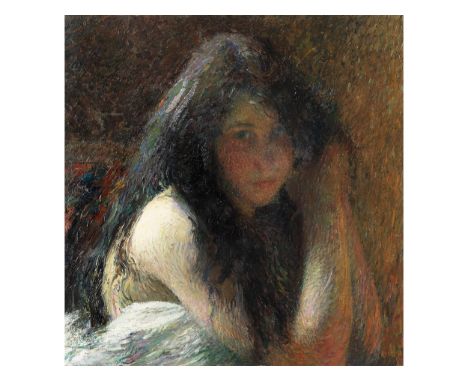 Henri Martin, 1860 Toulouse – 1943 Labastide-du-VertMADEMOISELLE MADELAINE (JUNGES MÄDCHEN DIE HÄNDE IM HAAR)Öl auf Leinwand.