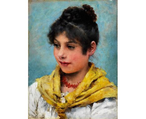 Eugen Alfons von Blaas, 1843 Albano Laziale – 1931 Venedig PORTRAIT EINES ITALIENISCHEN MÄDCHENSÖl auf Holz.21 x 15,8 cm.In v