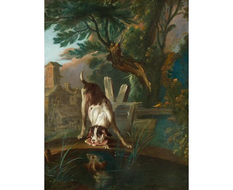 Philipp Ferdinand de Hamilton, 1664 Brüssel – 1750 Wien, zug. LANDSCHAFT MIT JAGDHUND AN EINEM WASSERBECKENÖl auf zweiteilige