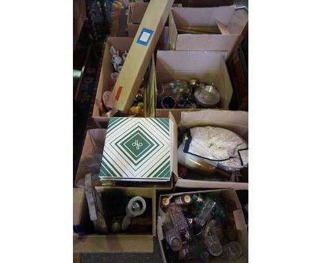 Eight Boxes of Sundries, To include China and Glass, Projector screen, Dress Hat in Box, Silver Plated wares, Modern Wall Clo