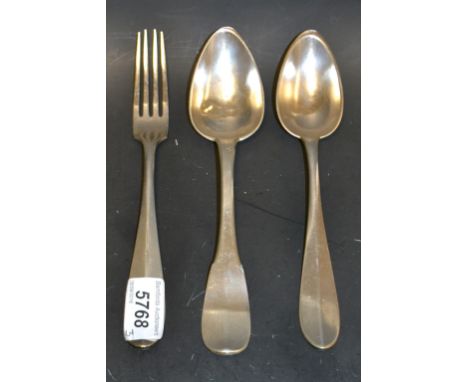 A Continental silver coloured metal table spoon, indistinctly marked;  a Christoffle four tine fork and conforming spoon (3)