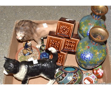 A pair of Cloisonne vases; others similar; a cubist type vase; a  Melba lion; similar Cat; etc