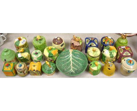 A Retro Maruhon Japanese pottery Bee Hive honey pot;  others Tree Trunk, Cottage, Fruit basket, bowl etc printed marks (22)