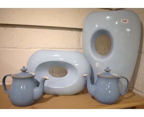 Ceramics - a large pale blue stylised vase; another, smaller; a pair of Denby teapots (4)